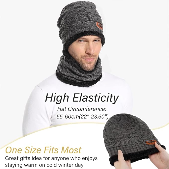 FZ FANTASTIC ZONE Mens Womens Winter Beanie Hat Scarf Set Warm Knit Thick Fleece Lined Skull Cap Neck Warmer for Men Women
