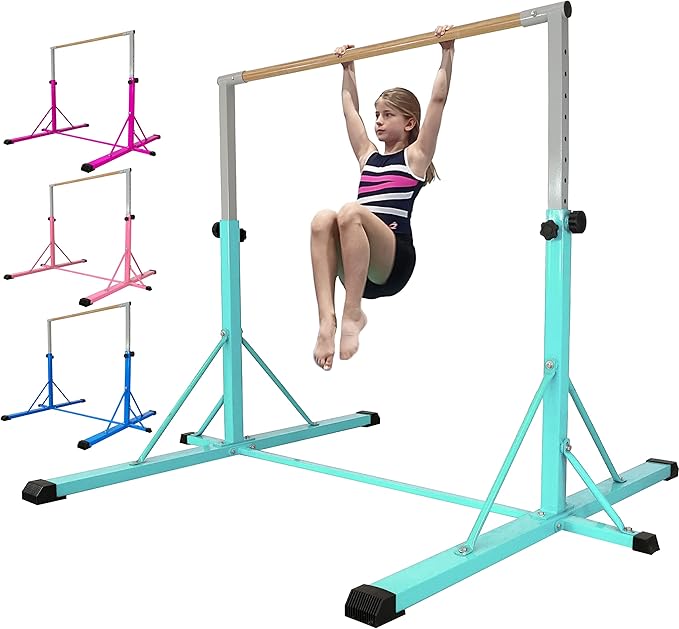 Gymnastics Bar for Kids Ages 3-15, 35" to 60" Adjustable Height, 4FT Wide Base - Professional Kip Bar with 360° Stability & Fiberglass Crossbar, Easy Fold&Solid Design for Home Training