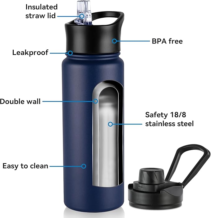 VEGOND 24oz Insulated Stainless Steel Water Bottle with Straw Lid, Double Wall Vacuum Bottle for Hiking, Camping, Sports, Navy Blue 8 Pack