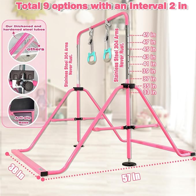 PreGymnastic Folding Gymnastics Bar with Rings, Foldable Kip Bar with Sturdier Base, Training Bar for Kids Ages 3-10, Horizontal Bar, Home Gym Equipment for Boy Girl