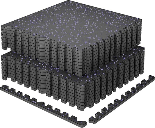 SUPERJARE 0.79'' Extra-Thick Exercise Equipment Mats, 18 Pcs 72 Sq Ft Rubber Top Floor Tiles with High Density EVA Foam, Interlocking Gym Flooring for Home Gym, Protective Workout Mat, Black/Purple