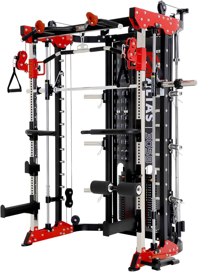 Altas Strength Smith Machine 3058G Home Gym Equipment with 1000 lbs Weight Capacity, 2000 lbs Cables for Versatile Workouts Squats Presses Pulling Lunges Deadlifts Easy Assembly Included Accessories
