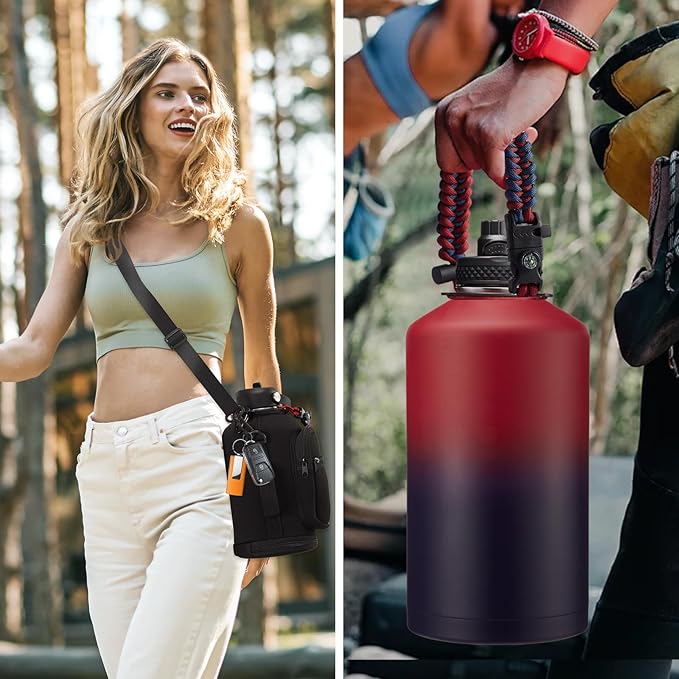 1 Gallon Water Bottle Insulated - 128 oz Water Jug with Straw Spout Lid, Paracord Handle, Carrying Bag, Protective Cup Mat, Big Stainless Steel Water Bottles, Metal Canteen for Camping Sports Gym