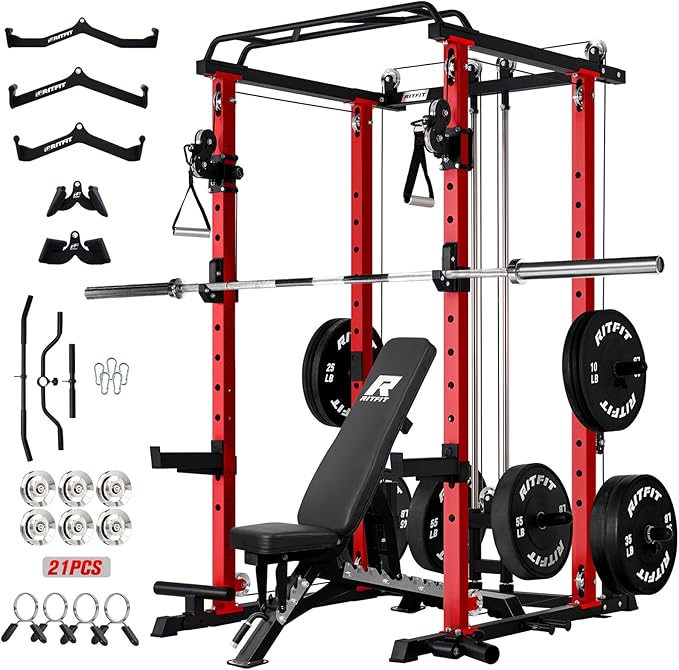 RitFit Upgraded PPC-P3 Power Cage, 3-in-1 Home Gym with Aluminum Pulley System, 1200LBS Capacity, Includes LAT Pulldown, Landmine, J-Hooks & 20+ Attachments, Fits Compact Spaces Black Red