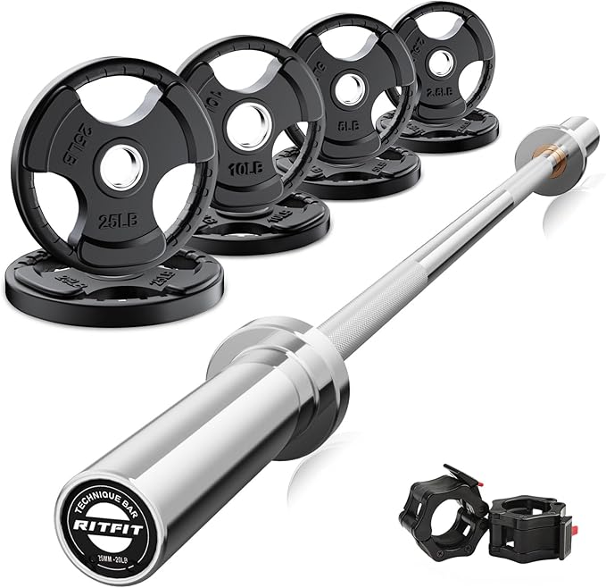 RitFit Barbell Weight Set - 4/6FT Olympic Barbell with Weight Plates (55-275LB Total) - Weightlifting Equipment for Squats, Curls, Deadlifts, Presses, Hip Thrusts