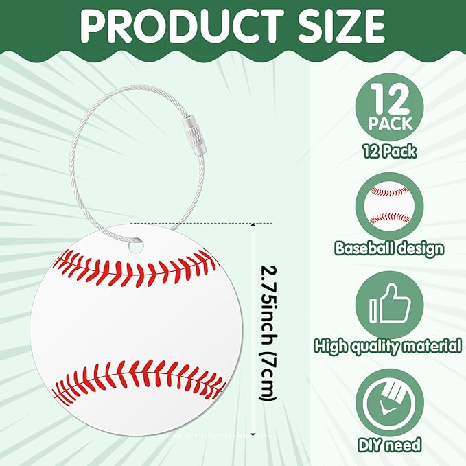 12 Pcs Baseball Luggage Tags for Suitcases Travel Suitcase Labels with Metal Ring 2.75in Baseball Keychain, PVC Name Id and DIY Pocket Hug Card Backpack Charms for Men Women Travel Bag Suitcase