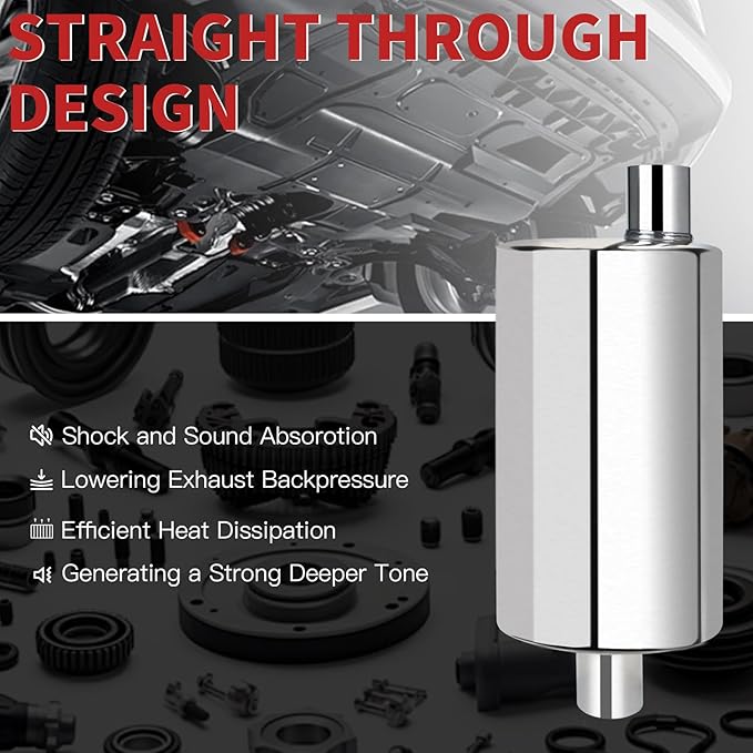 LCGP 2.25” Ultra Quiet Resonator, 2.25'' Inlet & Outlet 20" Overall Length Universal Muffler, 304 Stainless Steel vibrant performance resonator 2.25", Oval Muffler Shape, Polished, Pass-Thru Design