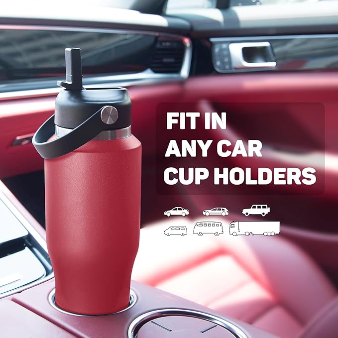 Insulated Water Bottle 40oz with Straw/Spout Lids, Stainless Steel Water Bottles Keep Cold 24h&Hot 12h, Metal Water Bottle with Straw that Fits in Cup Holder, Water Bottle Leak-proof,BPA Free,Red