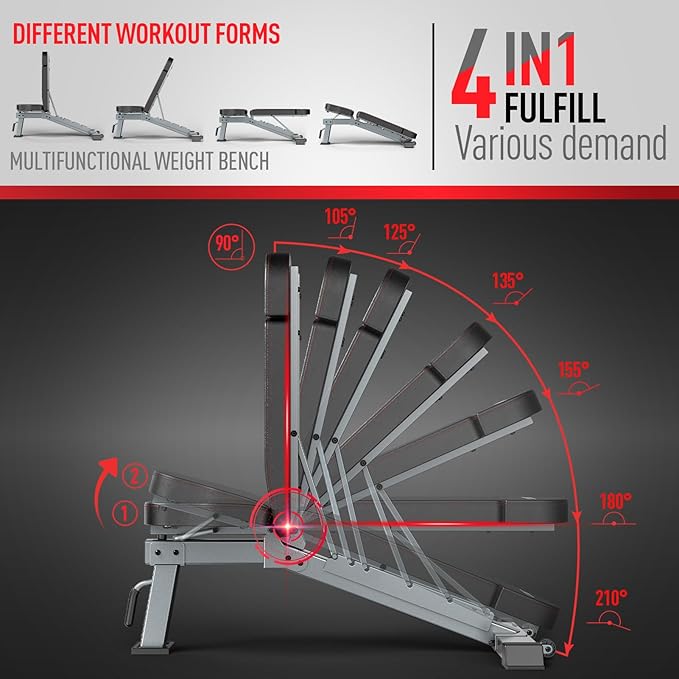JOROTO Adjustable Weight Bench, Foldable Workout Bench for Home Gym Strength Training, Incline Decline Flat Bench Press with Wheels and Extended Backrest, Full Body Workout Equipment