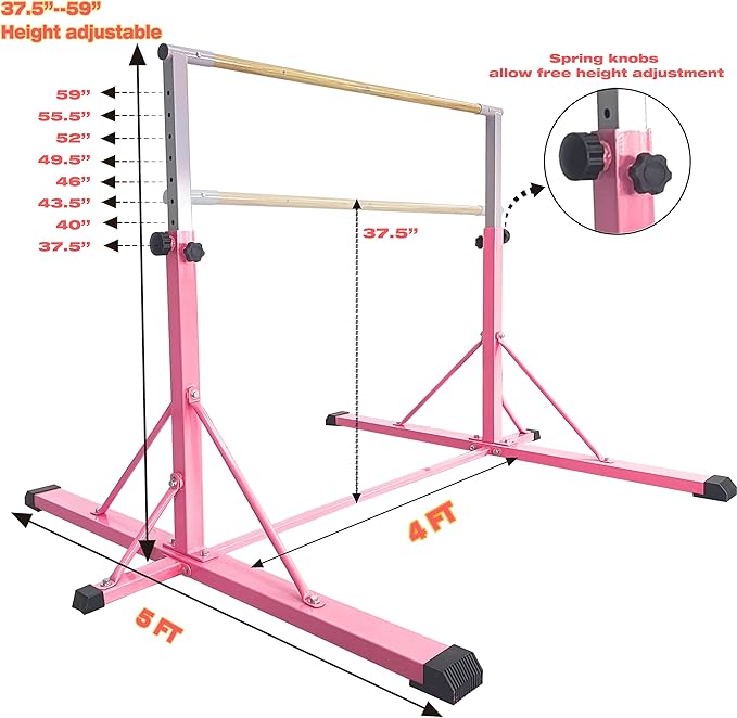 Gymnastics Bar for Kids Ages 3-15, 35" to 60" Adjustable Height, 4FT Wide Base - Professional Kip Bar with 360° Stability & Fiberglass Crossbar, Easy Fold&Solid Design for Home Training