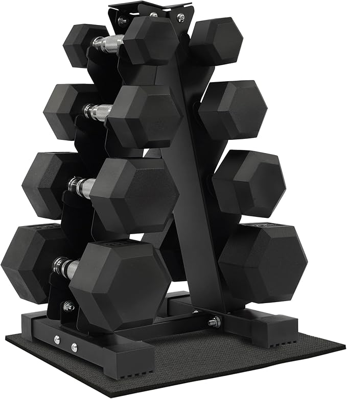 Fitvids 150 LB Rubber Coated Hex Dumbbell Set with Storage Rack, 5-25LB Hand Weight Set with Anti-Slip Grip for Home Gym
