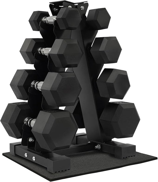 Fitvids 150 LB Rubber Coated Hex Dumbbell Set with Storage Rack, 5-25LB Hand Weight Set with Anti-Slip Grip for Home Gym