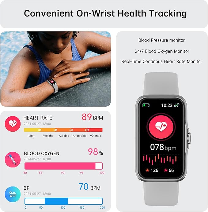 Health Fitness Tracker, Smart Watch with 24/7 Heart Rate and Blood Oxygen Monitor, Sleep Tracker with IP68 Waterproof, Activity Tracker Pedometer Step Counter for Women Men (Gray)