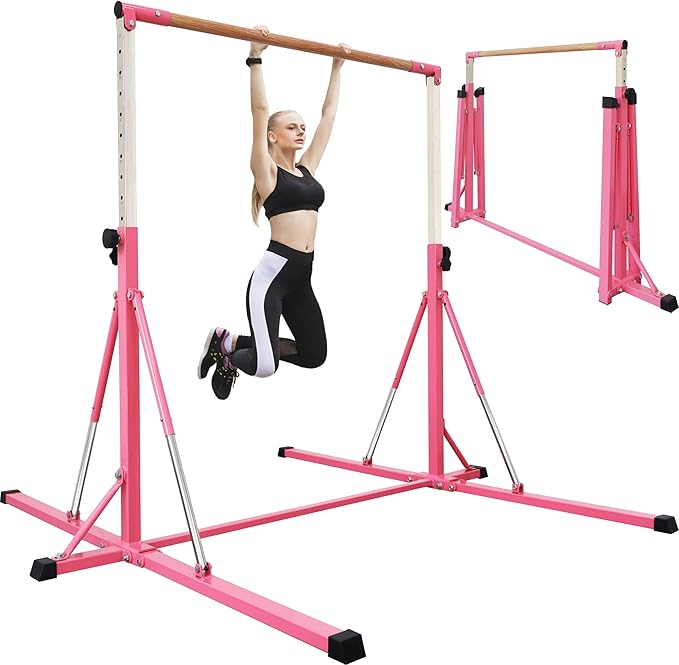 Gymnastics Bar for Kids Ages 3-15, 35" to 60" Adjustable Height, 4FT Wide Base - Professional Kip Bar with 360° Stability & Fiberglass Crossbar, Easy Fold&Solid Design for Home Training