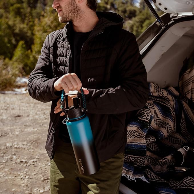Insulated Water Bottle 40oz,Triple Wall Vacuum Stainless Steel(Dishwasher Safe),Leak Proof & Non-BPA,Flask Jug with Paracord Handle & Straw Spout Lids Sports Sakura