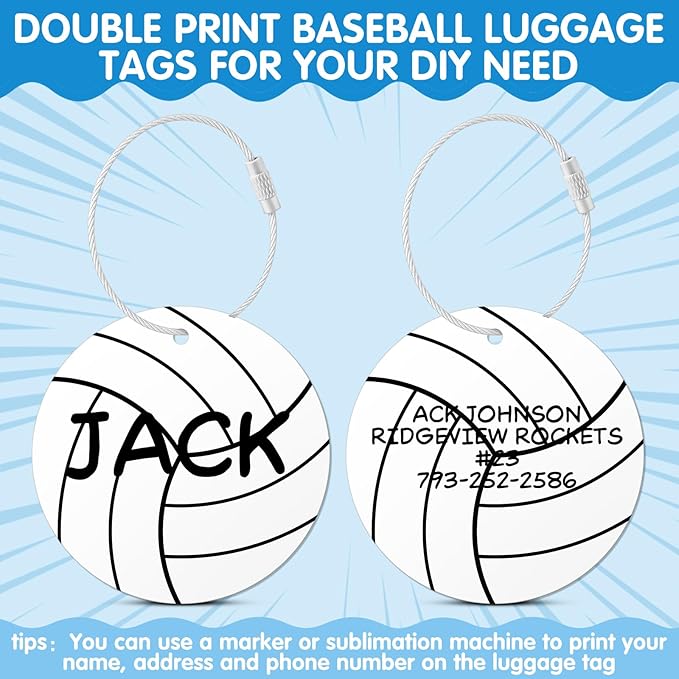 12 Pcs Volleyball Luggage Tags for Travel Suitcases Labels with Metal Ring 2.75in Volleyball Keychain, PVC Name Id and DIY Pocket Hug Card,Backpack Charm for Men Women Travel Bag Suitcase