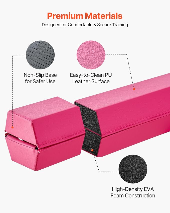VEVOR 8FT Balance Beam for Kids, 200-350LBS Stable Support Gymnastics Floor Beam with Non-Slip Mat, Wood-Core/EVA Gymnastics Training Equipment with Anti-Slip Bottom & Carry Bag for Home Gym