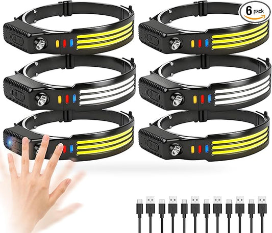 6Pack LED Headlamp Rechargeable, 1200 High Lumen Head Lamp with Motion Sensor, 230°Wide Beam, 5 Light Modes, IPX6 Waterproof Head Light for Camping, Running, Hiking