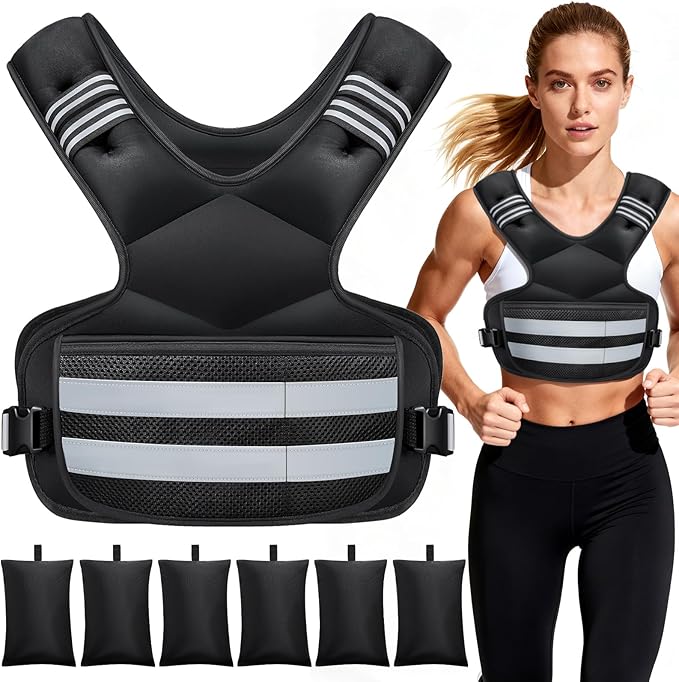 Adjustable Weighted Vest for Women and Men, 4-11lb/11-18lb/20-32lb Rucking Vest with 6 Ironsand Weights, Reflective Stripe and Storage Pocket for Workouts, Running, Strength Training