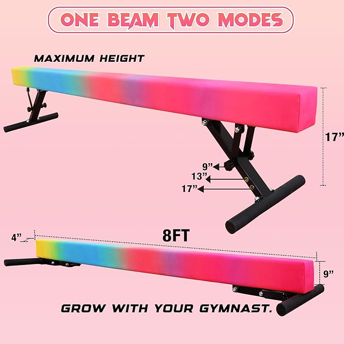 PreGymnastic 8FT Balance Beam, Raised Gymnastics Beam for Kids Ages 3-12, Home Gym Equipment for Training, Adjustable Balancing Beam Indoor, Off-Ground Competition Style