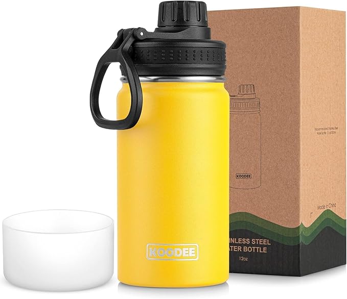 koodee Small Water Bottle for School-12 oz Stainless Steel Triple Wall Vacuum Insulated Wide Mouth Bottle with Leakproof Spout Lid (Yellow)