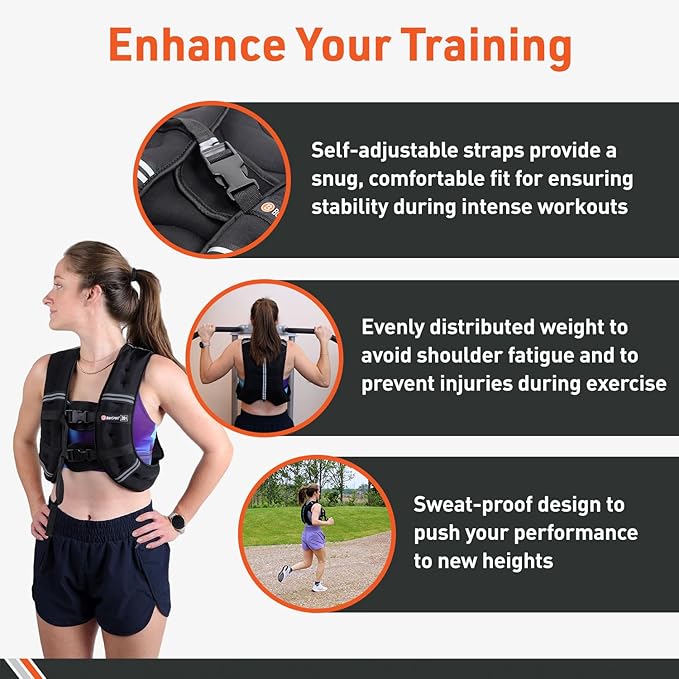 Body Sport Weighted Vest - 5lb/10lb/15lb/20lb/25lb/30lb - Adjustable Fitness Vest with Refelctive Strips for Strength Training, Running, Walking, and Endurance Workouts