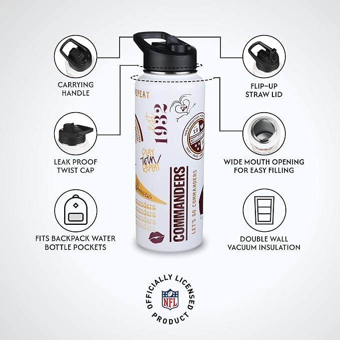 The Memory Company Officially Licensed NFL 34oz Water Bottle - Premium Stainless Steel Double-Wall Insulated, Leakproof Design