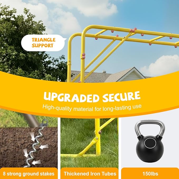 Outdoor Monkey Bars for Kids, Steel Monkey Bars for Backyard, with Climbing and Gymnastics Bar,Free-Standing Playset for Children Age 3-12,Compact for Small Yards, Yellow