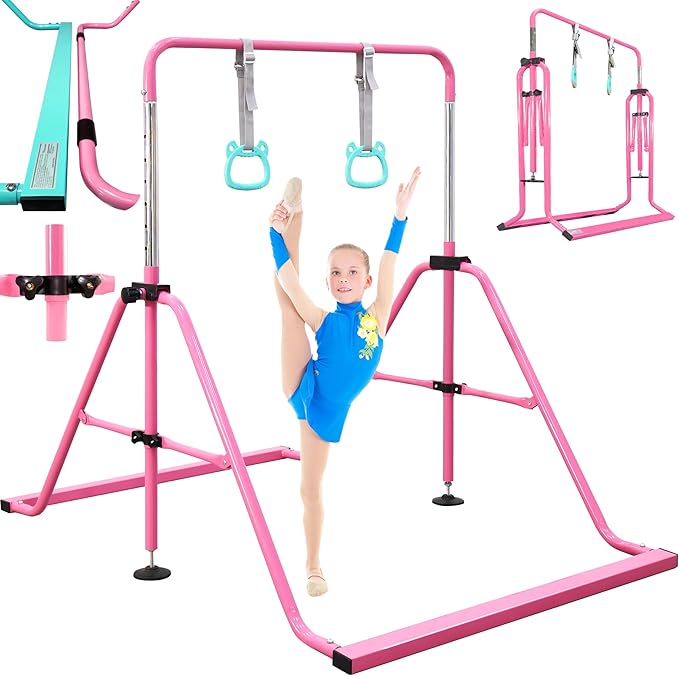 PreGymnastic Folding Gymnastics Bar with Rings, Foldable Kip Bar with Sturdier Base, Training Bar for Kids Ages 3-10, Horizontal Bar, Home Gym Equipment for Boy Girl