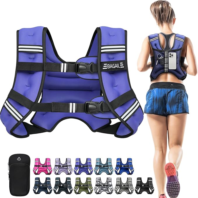 BAGAIL Weighted Vest, 5lb/8lb/10lb/12lb/15lb/20lb/25lb/30lb Weight Vest for Walking & Weight Loss, Reflective Rucking Vest with Phone Pouch for Women & Men, Home Gym & Outdoor Training