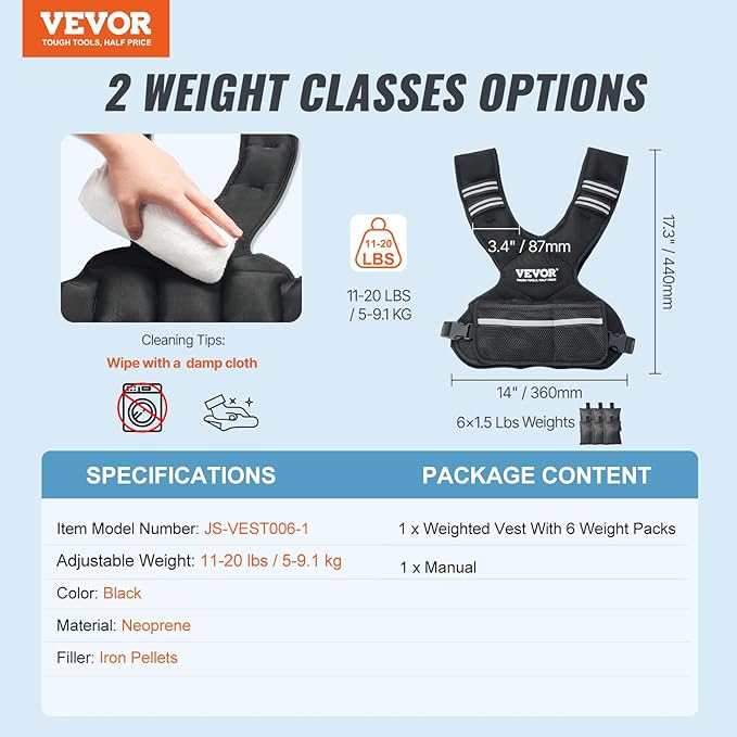 VEVOR Adjustable Weighted Vest, 11-20lb/20-32lbs/35lbs/40lbs Weight Vest with 6 Ironsand Weights and Reflective Stripe, Workout Equipment for Strength Training Running Jogging
