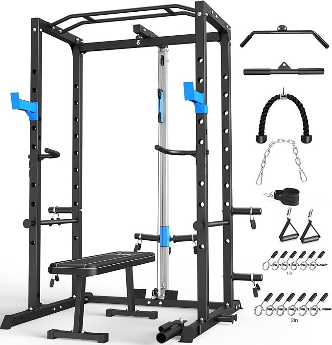 Power Cage, Multi-Functional Power Rack with J-Hooks, Dip Handles, Landmine Attachment and Optional Cable Pulley System for Home Gym