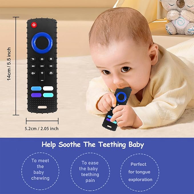 Baby Teething Toys, Food Grade Silicone Teethers for Babies 3 6 12 18 Months, Fire TV Remote Shape Infant Chew Toys for Boys and Girls, Freezer BPA Free (Black+Black)