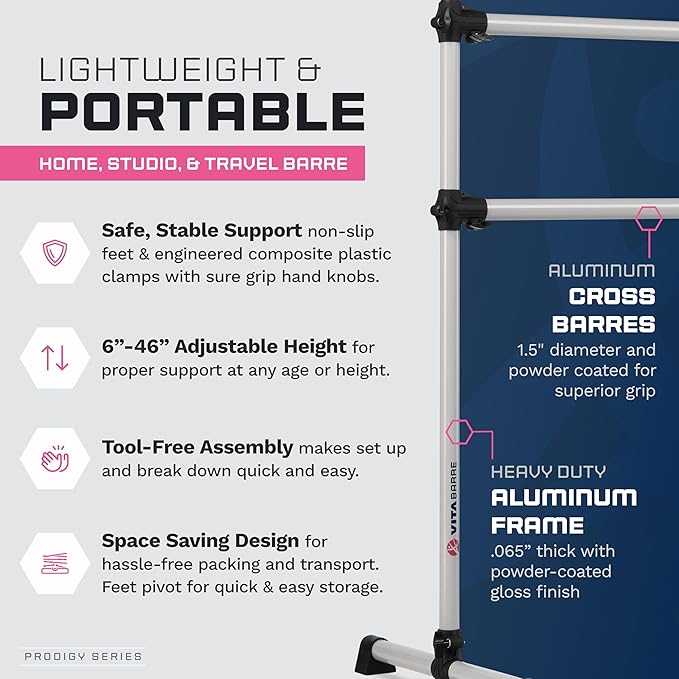 VITA Barre Portable Freestanding Double Ballet Barre, Prodigy, with Carry Bag | Adjustable Height, USA Made, Home or Gym Exercise Equipment for Kids & Adults | Dance, Fitness, Pilates