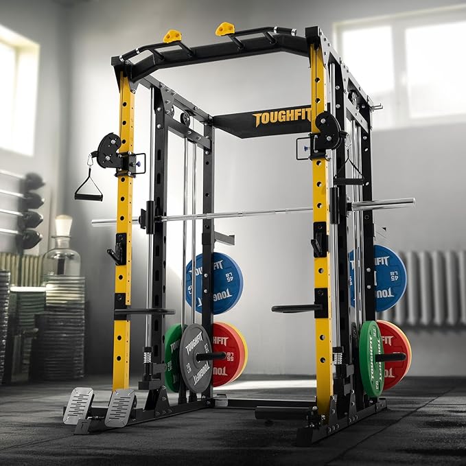 ToughFit F4 Smith Machine, Power cage with Adjustable Cable Crossover System, All-in-One Squat Rack Training Equipment for Home Gym