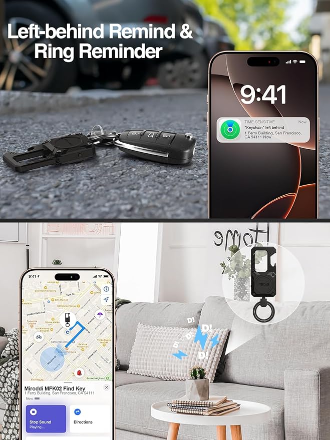 Miroddi Keychain Tracker, Men's Key Chain Works with Find My(iOS Only), Heavy Duty Keychain Carabiner Bottle Opener, Car Key Chains with Finder, Anti-lost Keyrings Tracker, Rechargeable, Black