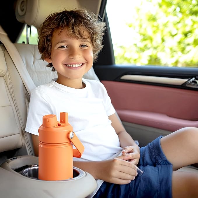 Kids Insualated Water Bottle with Straw - 12oz Stainless Steel Water Bottle with Dual Spouts, Leak-Proof, BPA-Free, Double Wall Vacuum Keeps Cold for 24 Hours for Sports, Travel, School (Persian Rose)