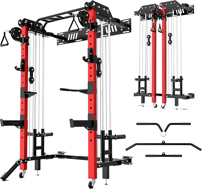 Folding Power Rack, Wall Mounted Squat Rack with Cable Pulley System, Multi-Grip Pull-Up Bar, Landmine for Home Gym, Compact Power for Small Spaces, FR67