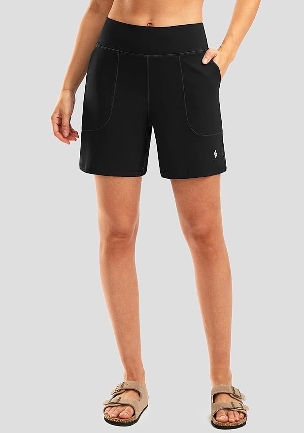 SANTINY Women's 6'' Athletic Long Shorts with 4 Pockets High Waisted Bermuda Shorts for Women Walking Running Casual