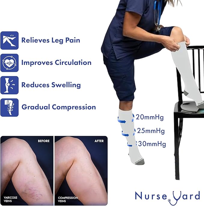 Nurse Yard Compression Socks for Nurses - Women & Men - 20-30mmHg Graduated Compression, Zero-Toe Compression, For Medical Staff, Nursing, Athletic Support Such As Running, Cycling, Hiking - 1 Pair