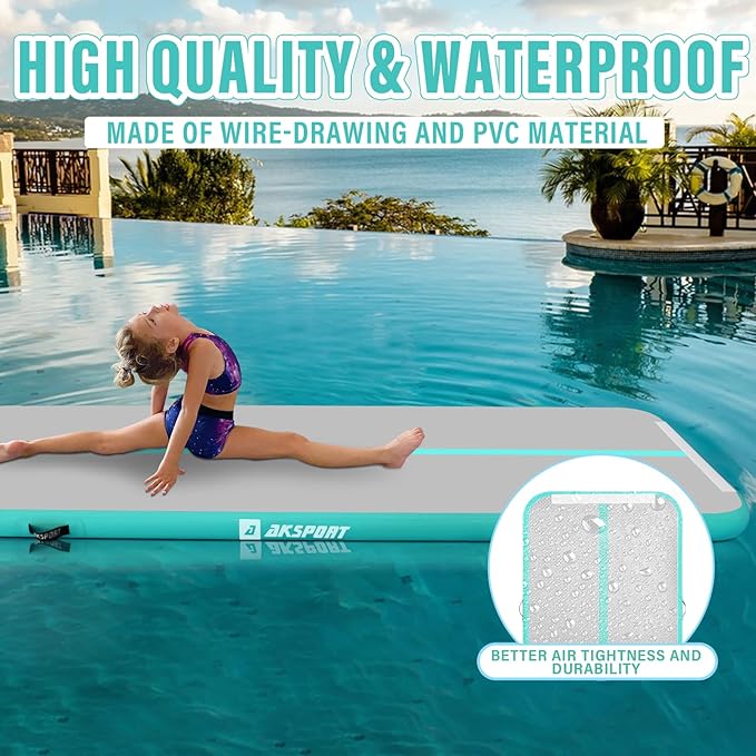 AKSPORT Inflatable Gymnatsics Mat Tumble Track 10ft 13ft 16ft 20ft 23ft Air Tumbling Mat with Air Pump for Home Use/Training/Cheerleading/Yoga