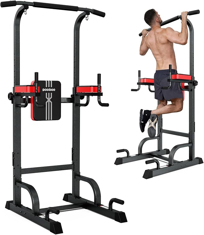 Pooboo Multi-Functional Machine Power Cage, 2000LB Squat Rack, LAT-Pull Down System, Dual Pulley Cable Crossover System, Home Gym Workout Machine with Strength Training Attachments