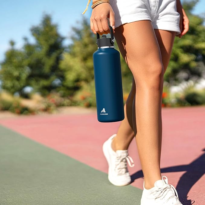 POWCAN 32 oz Insulated Water Bottle with Straw: Leakproof, Top Handle, Keep Cold 24H, BPA-Free, Double Wall Stainless Steel Water Bottle for Travel, Sport, Gym, Outdoors, Camping (Midnight Black)