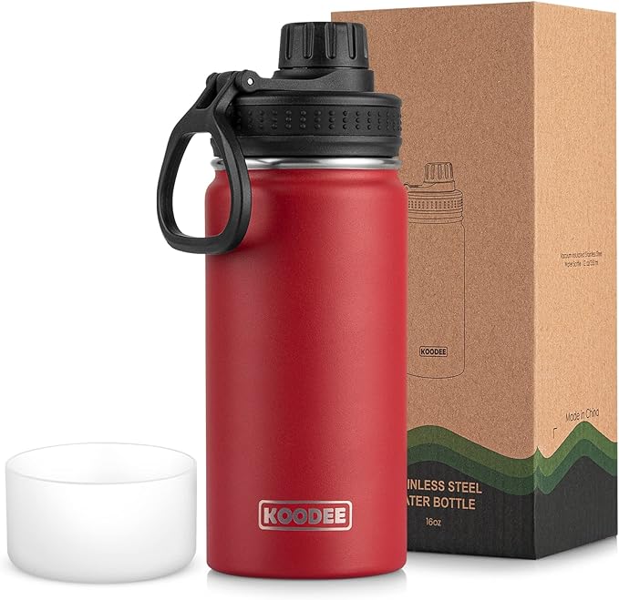 koodee Kids 16 oz Stainless Steel Vacuum Insulated Water Bottle for Back to School Wide Mouth Flask with Leakproof Spout Lid (Canyon Red)