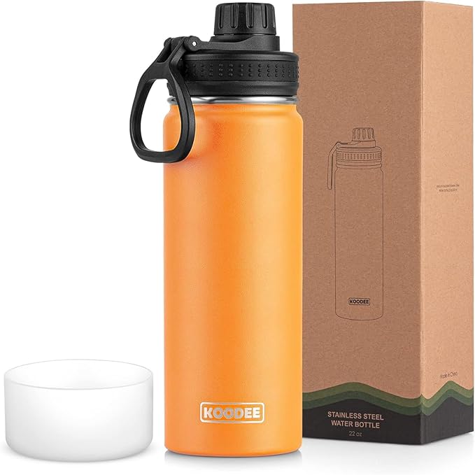 koodee Insulated Water Bottle, 22 oz Stainless Steel Double Wall Vacuum Wide Mouth Sport Bottle with Leakproof Spout Lid （Cosmic Orange）