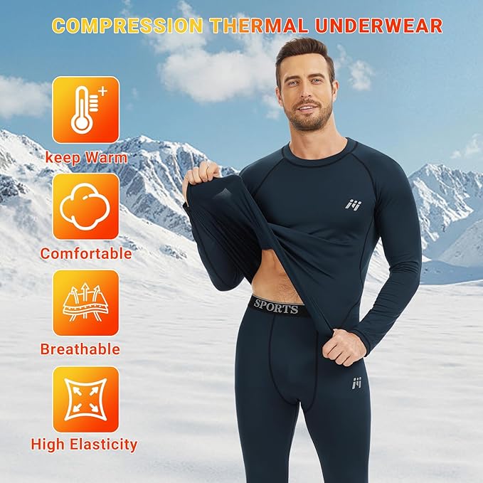 Men Thermal Underwear Set Long Johns with Fleece Lined Base Layer Men Cold Weather Top Bottom for Skiing Running