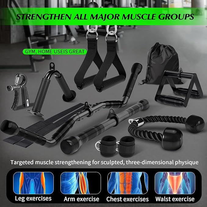 Cable Machine Attachment Set for Gym, LAT Pulldown Attachments, Cable Machine Accessories with Curl Pulldown Bar, Tricep Pull Down Attachment, V Bar, Fitness Equipment Cable Accessories for Home Gym