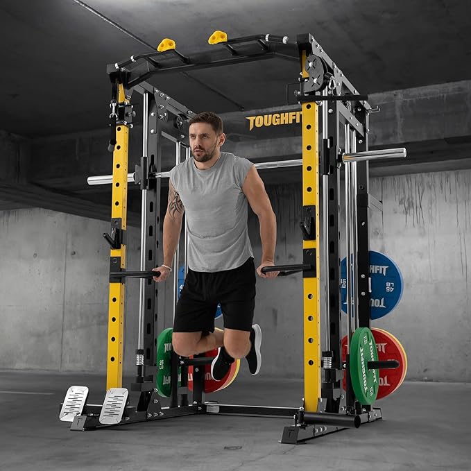 ToughFit F4 Smith Machine, Power cage with Adjustable Cable Crossover System, All-in-One Squat Rack Training Equipment for Home Gym