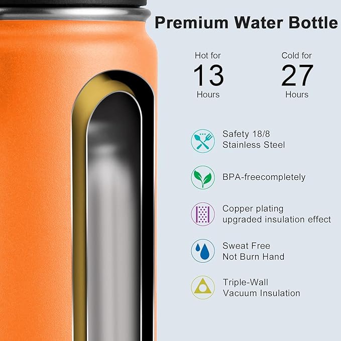 koodee Insulated Water Bottle, 22 oz Stainless Steel Double Wall Vacuum Wide Mouth Sport Bottle with Leakproof Spout Lid （Cosmic Orange）