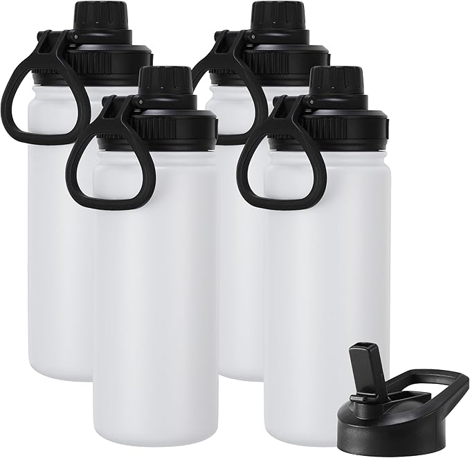 DOMICARE 16 oz Kids Water Bottle for School Stainless Steel Double Wall Vacuum Insulated Water Bottle with Straw lids & Spout Lid, Leakproof BPA Free (White,4)